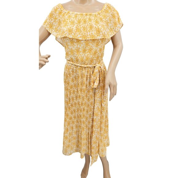 Michael Michael Kors Yellow Floral Pleated Midi Dress XL Boho Belted Summer - Picture 11 of 12